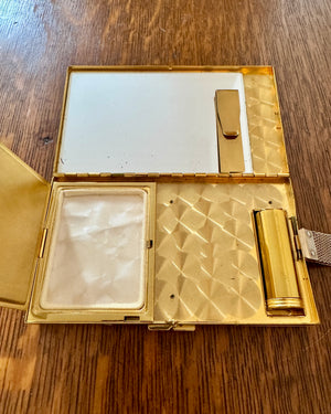 Vintage 1940s 1950s Marhill Mother of Pearl Tile Compact Cosmetic Cigarette Wrislet Case Minaudière in Gold Tone Metal