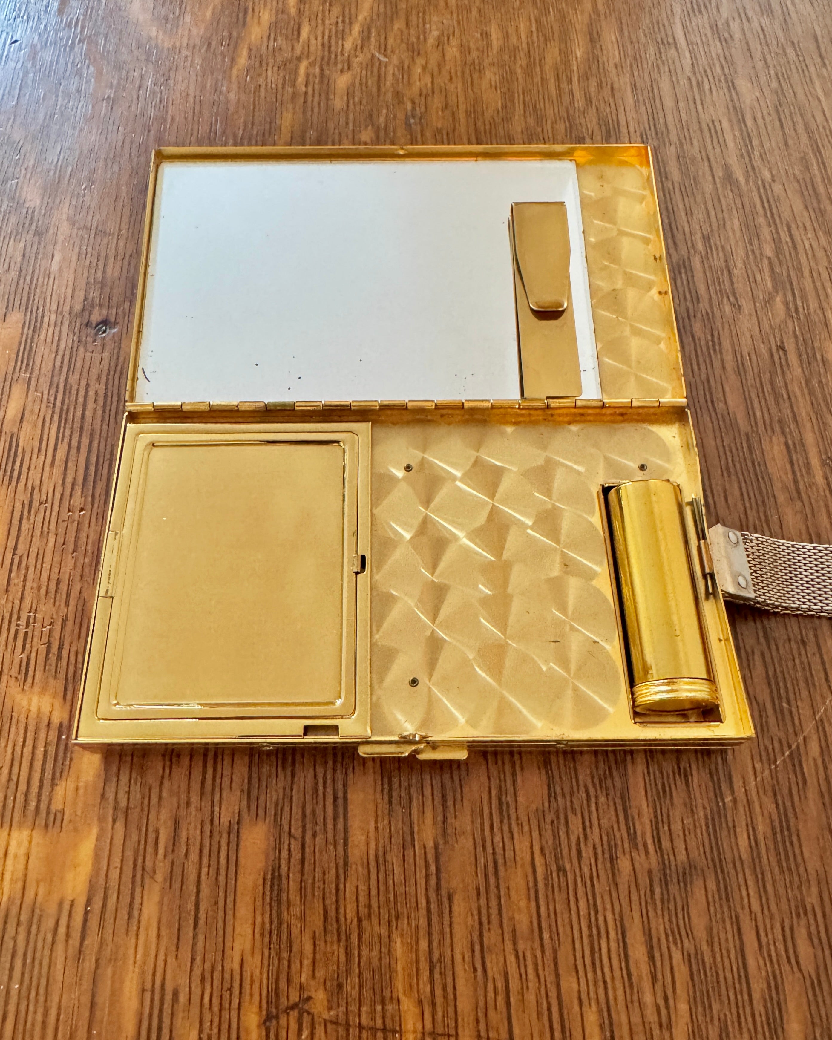 Vintage 1940s 1950s Marhill Mother of Pearl Tile Compact Cosmetic Cigarette Wrislet Case Minaudière in Gold Tone Metal