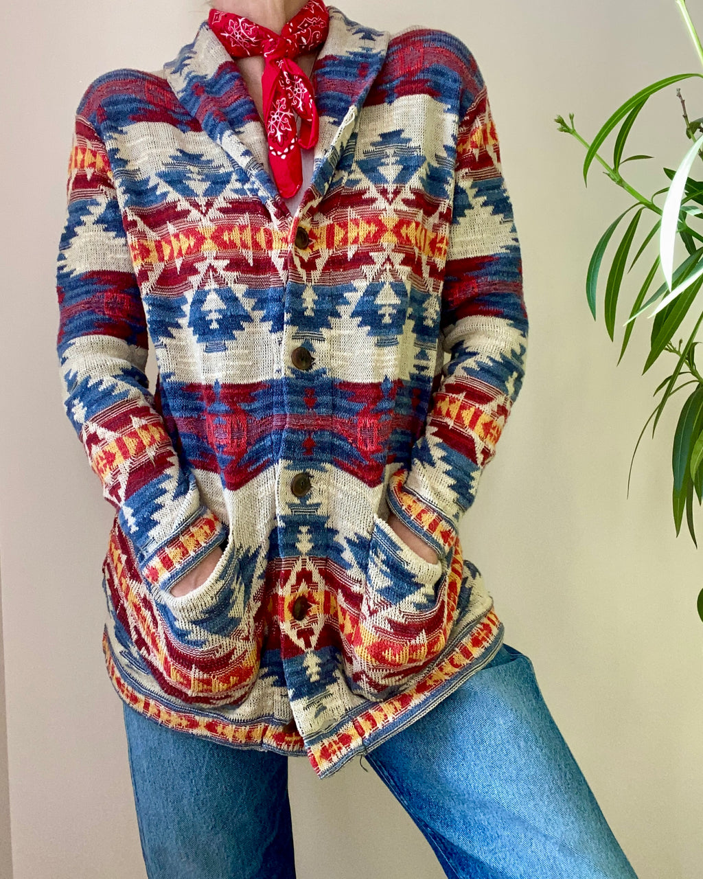 Vintage 1990s RALPH LAUREN Denim & Supply Cotton Southwest Navajo Blanket Style Shawl Collar Cardigan M