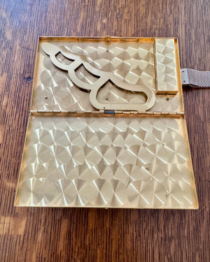 Vintage 1940s 1950s Marhill Mother of Pearl Tile Compact Cosmetic Cigarette Wrislet Case Minaudière in Gold Tone Metal