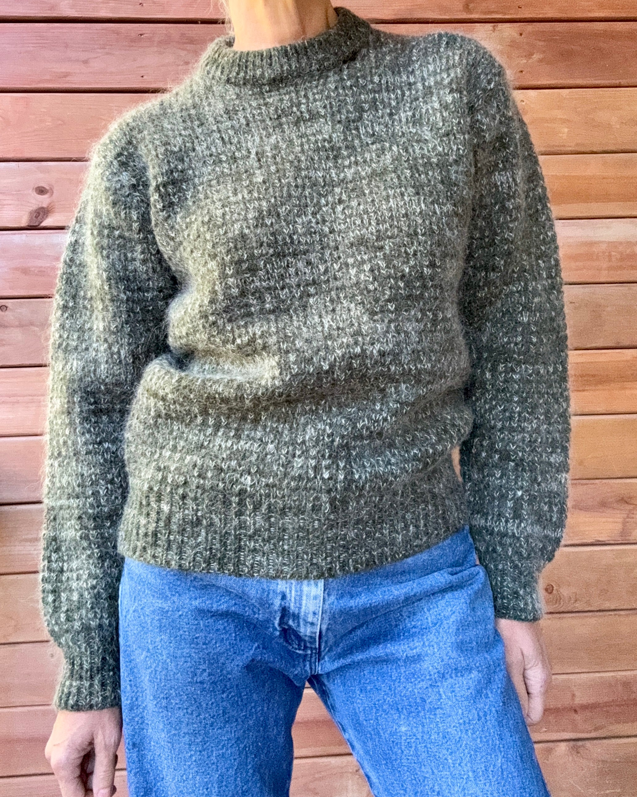 Vintage Mohair and Wool "Laplander" Hunter Green Marled Fuzzy Knit Sweater