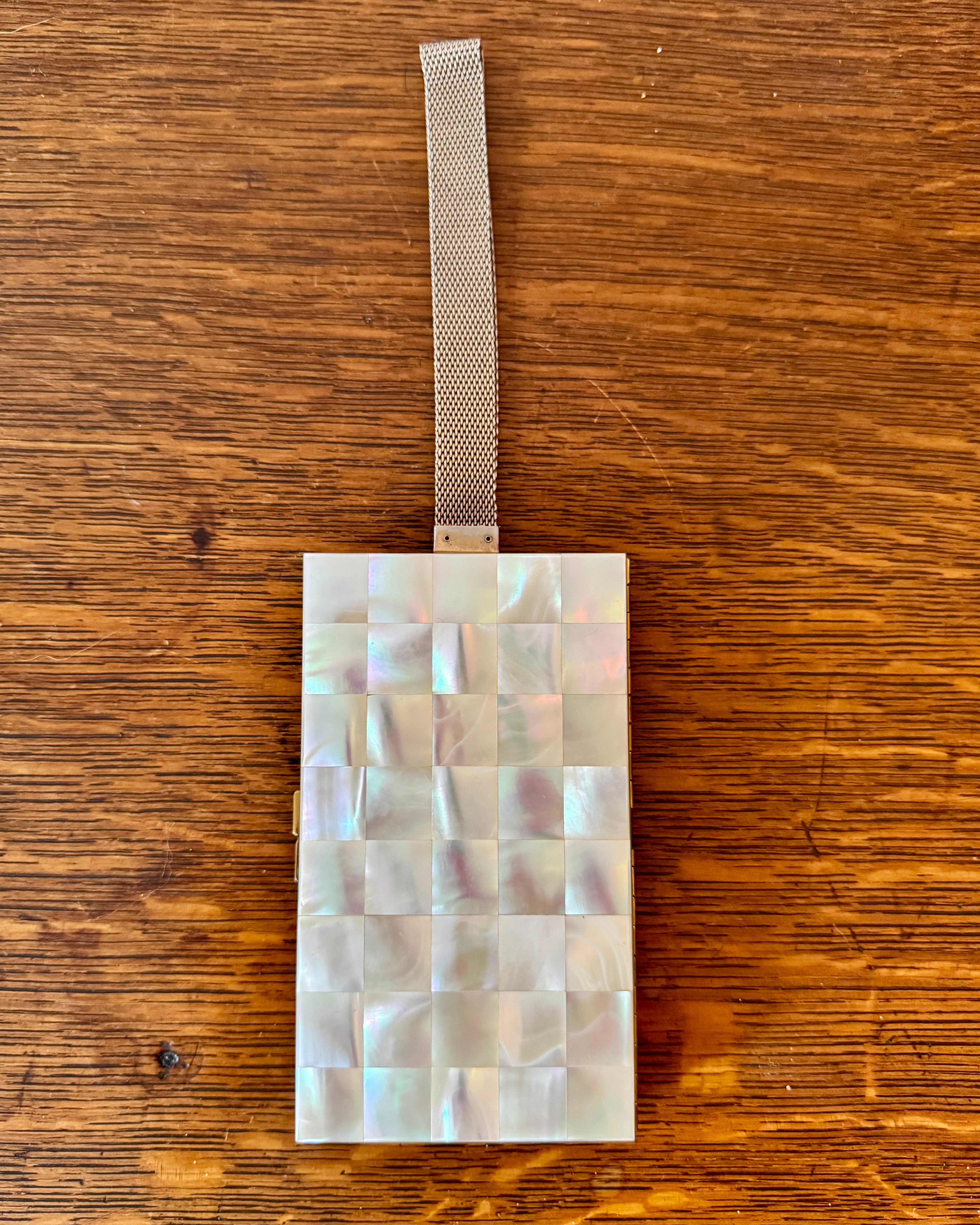 Vintage 1940s 1950s Marhill Mother of Pearl Tile Compact Cosmetic Cigarette Wrislet Case Minaudière in Gold Tone Metal