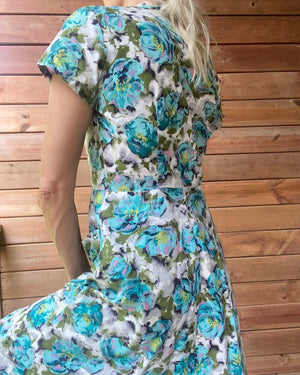 Vintage 1940s Cotton Floral House Dress M
