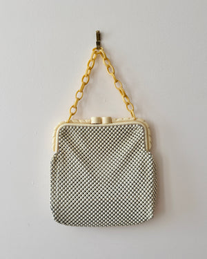 Vintage 1940s Whiting and Davis Cream Metal Mesh With Bakelite Clasp and Chain Handle Strap Handle Bag Made in USA