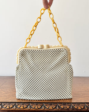 Vintage 1940s Whiting and Davis Cream Metal Mesh With Bakelite Clasp and Chain Handle Strap Handle Bag Made in USA