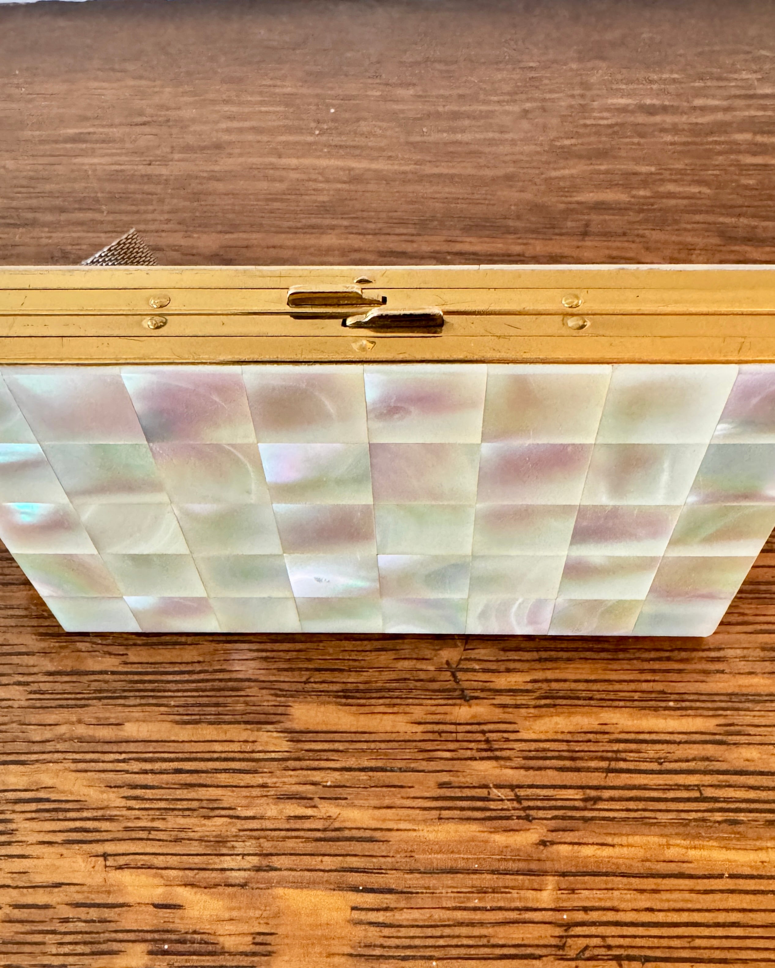Vintage 1940s 1950s Marhill Mother of Pearl Tile Compact Cosmetic Cigarette Wrislet Case Minaudière in Gold Tone Metal