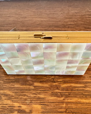Vintage 1940s 1950s Marhill Mother of Pearl Tile Compact Cosmetic Cigarette Wrislet Case Minaudière in Gold Tone Metal