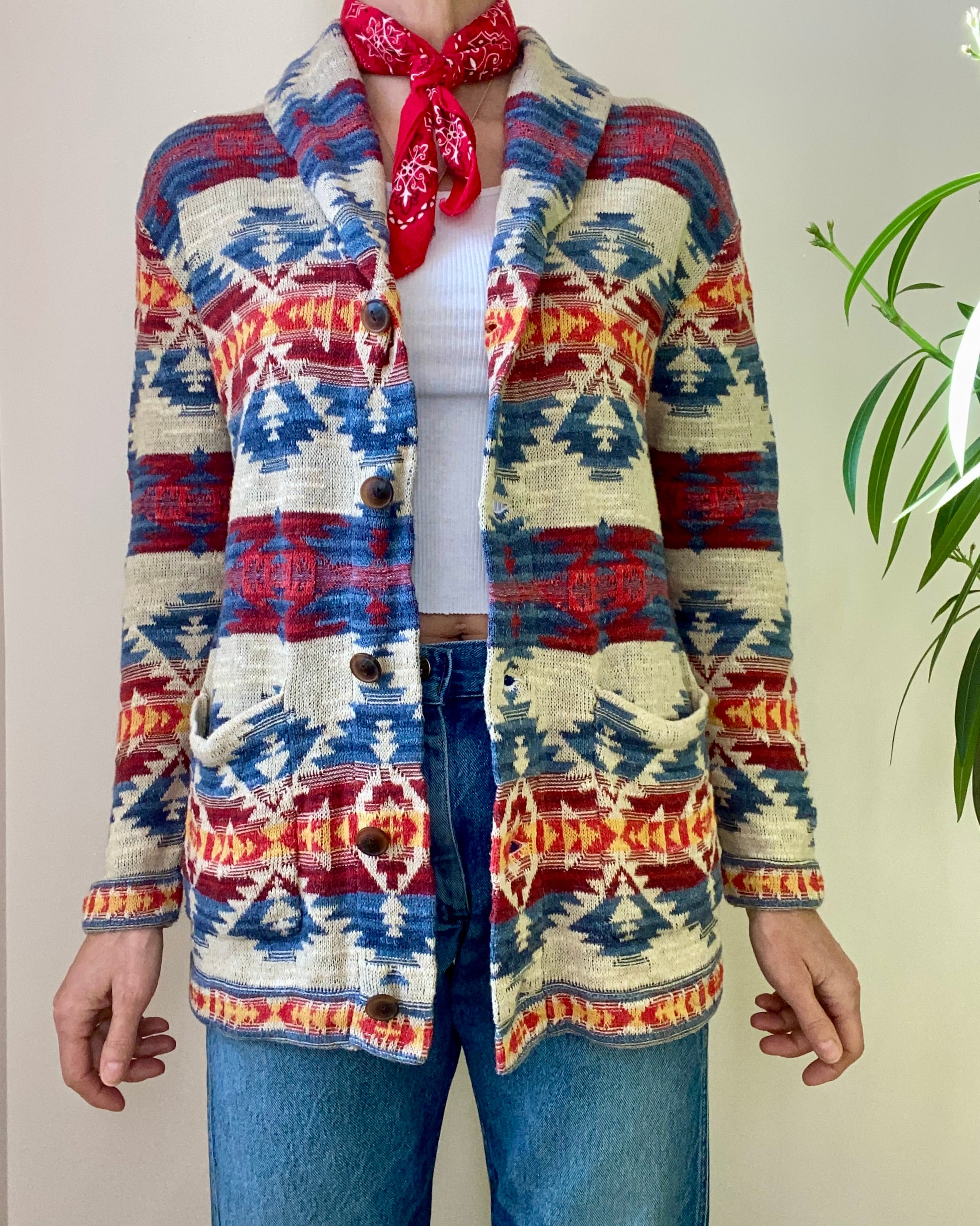 Vintage 1990s RALPH LAUREN Denim & Supply Cotton Southwest Navajo Blanket Style Shawl Collar Cardigan M