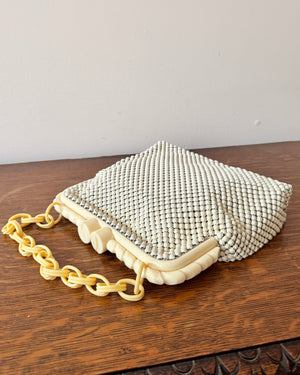 Vintage 1940s Whiting and Davis Cream Metal Mesh With Bakelite Clasp and Chain Handle Strap Handle Bag Made in USA