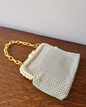 Vintage 1940s Whiting and Davis Cream Metal Mesh With Bakelite Clasp and Chain Handle Strap Handle Bag Made in USA