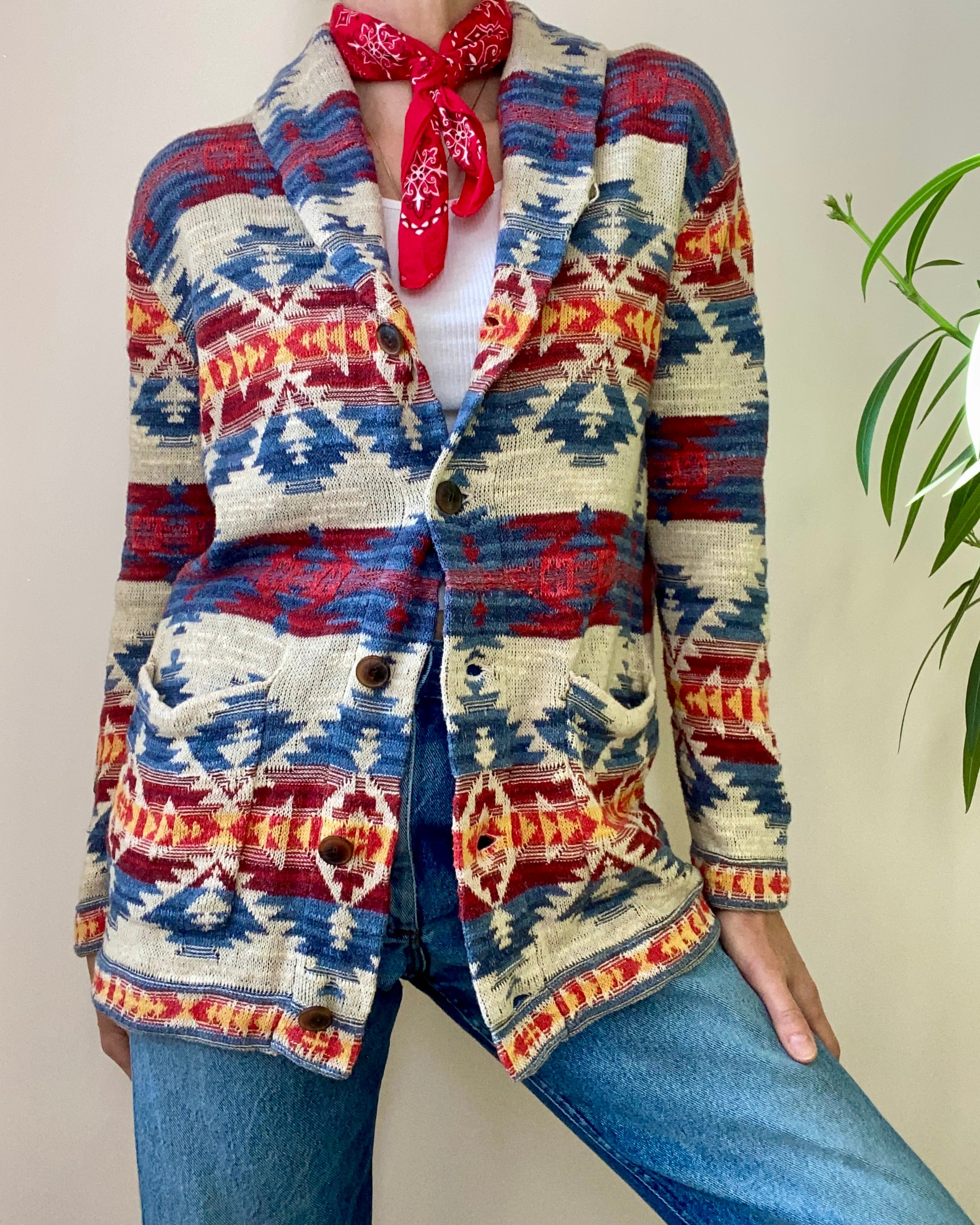 Vintage 1990s RALPH LAUREN Denim & Supply Cotton Southwest Navajo Blanket Style Shawl Collar Cardigan M