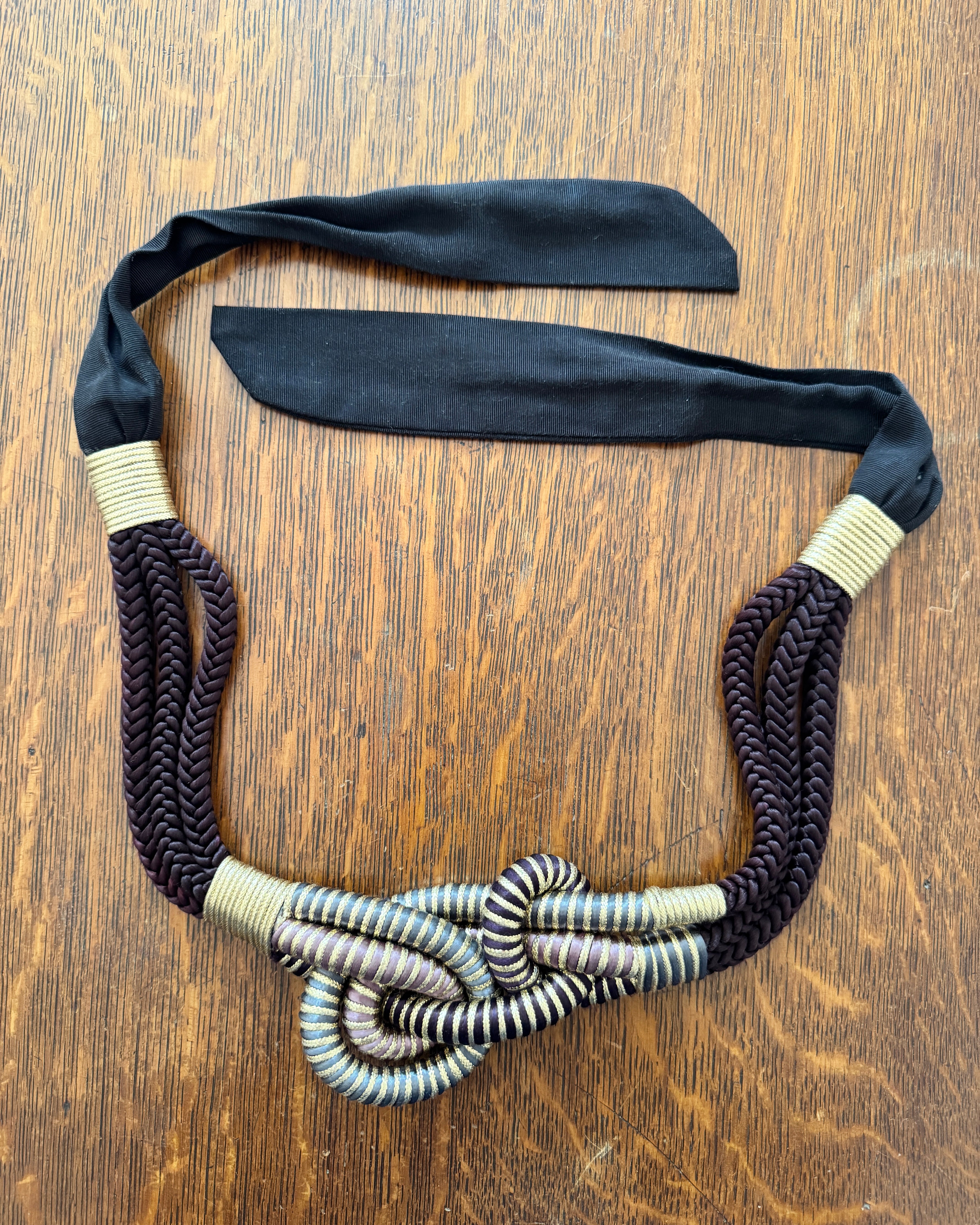 Vintage 1970s Gold and Black Woven Knotted Rope Waist Belt
