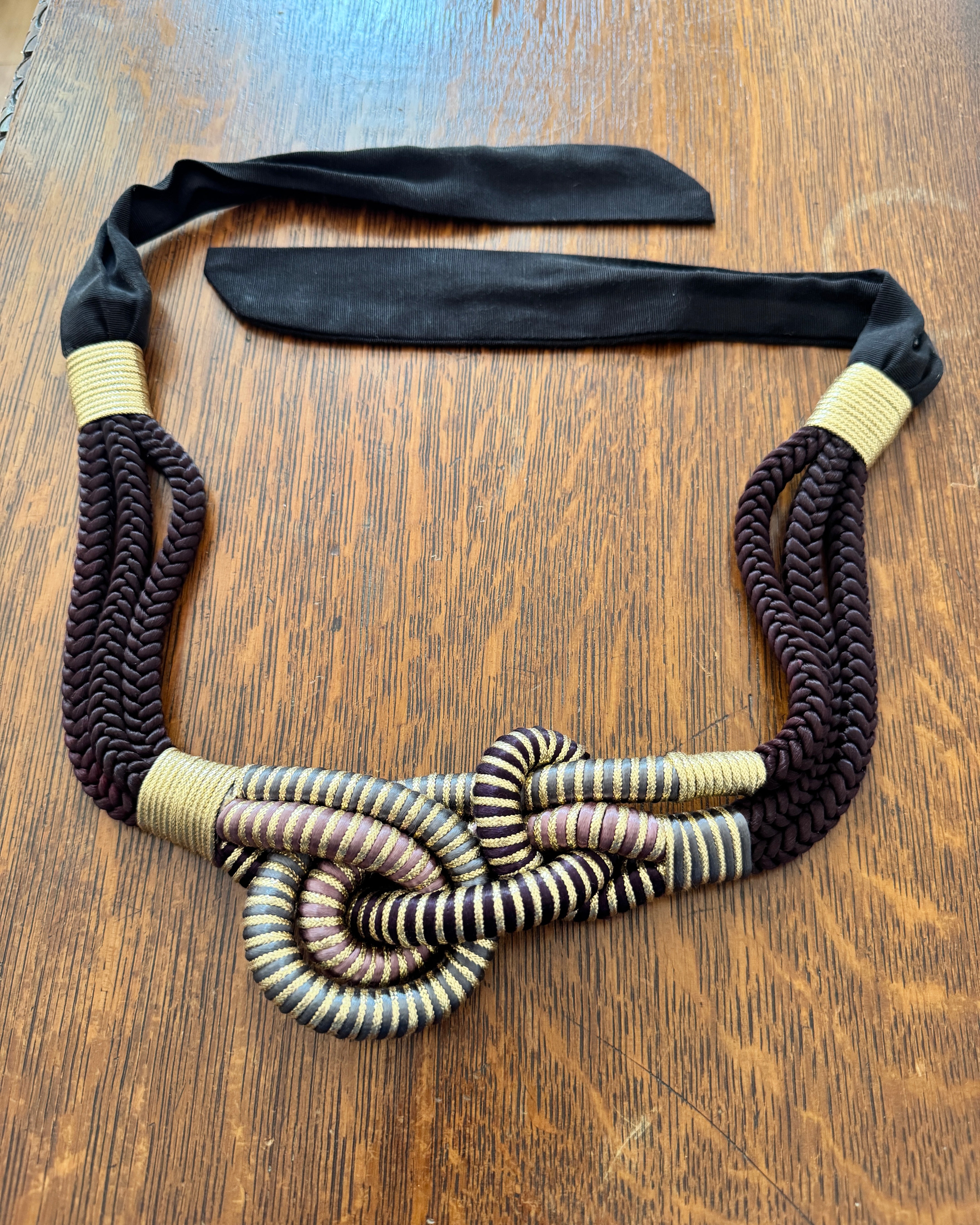 Vintage 1970s Gold and Black Woven Knotted Rope Waist Belt