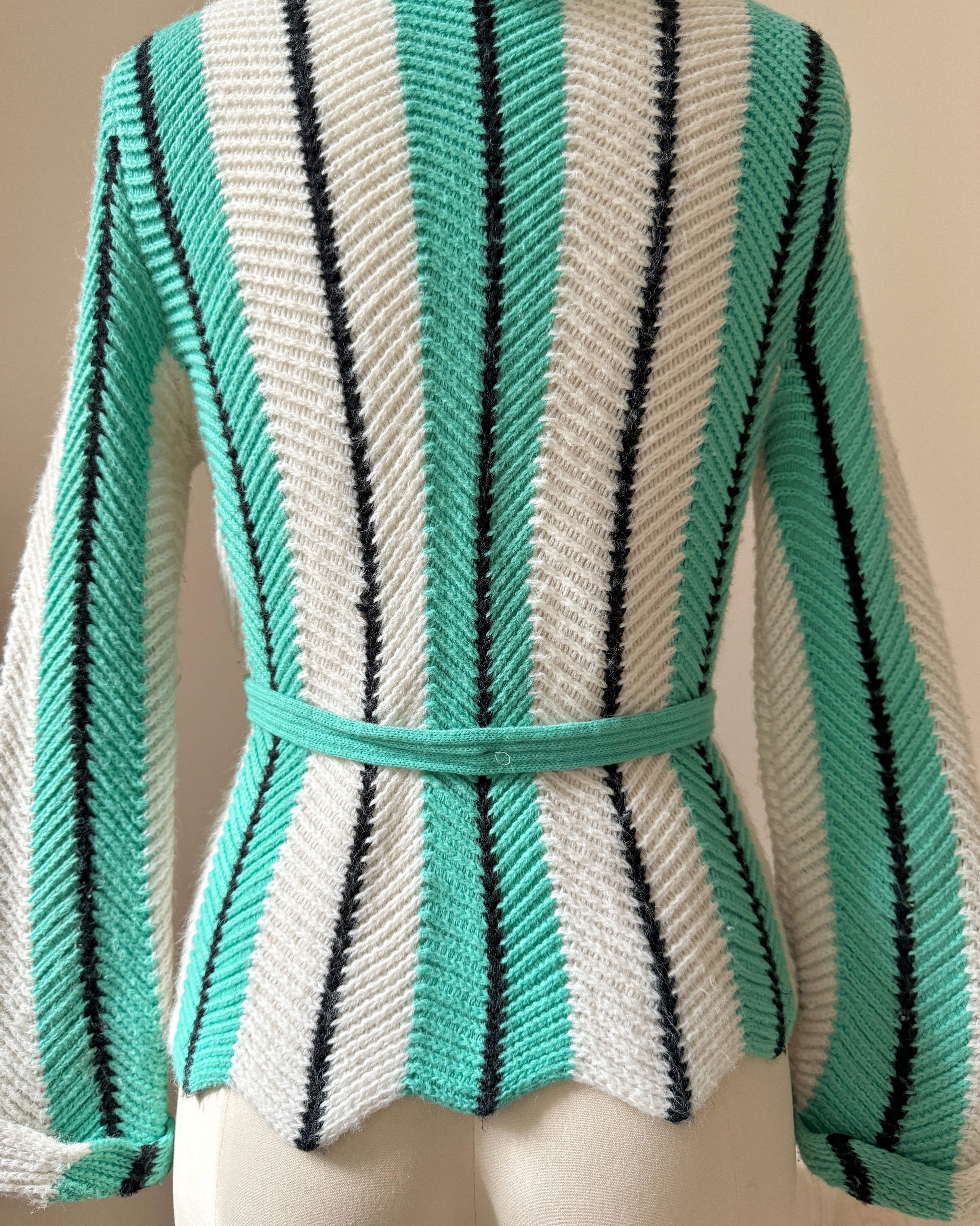 Vintage JUDYANNA 1950s Stripe Rockabilly Mock Neck Sweater Pullover with Belt and Tassel S
