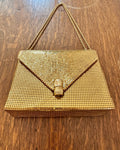 Vintage 1970s Whiting and Davis Disco Gold Tone Metal Mesh With Bamboo Clasp and Chain Handle Strap Made in USA