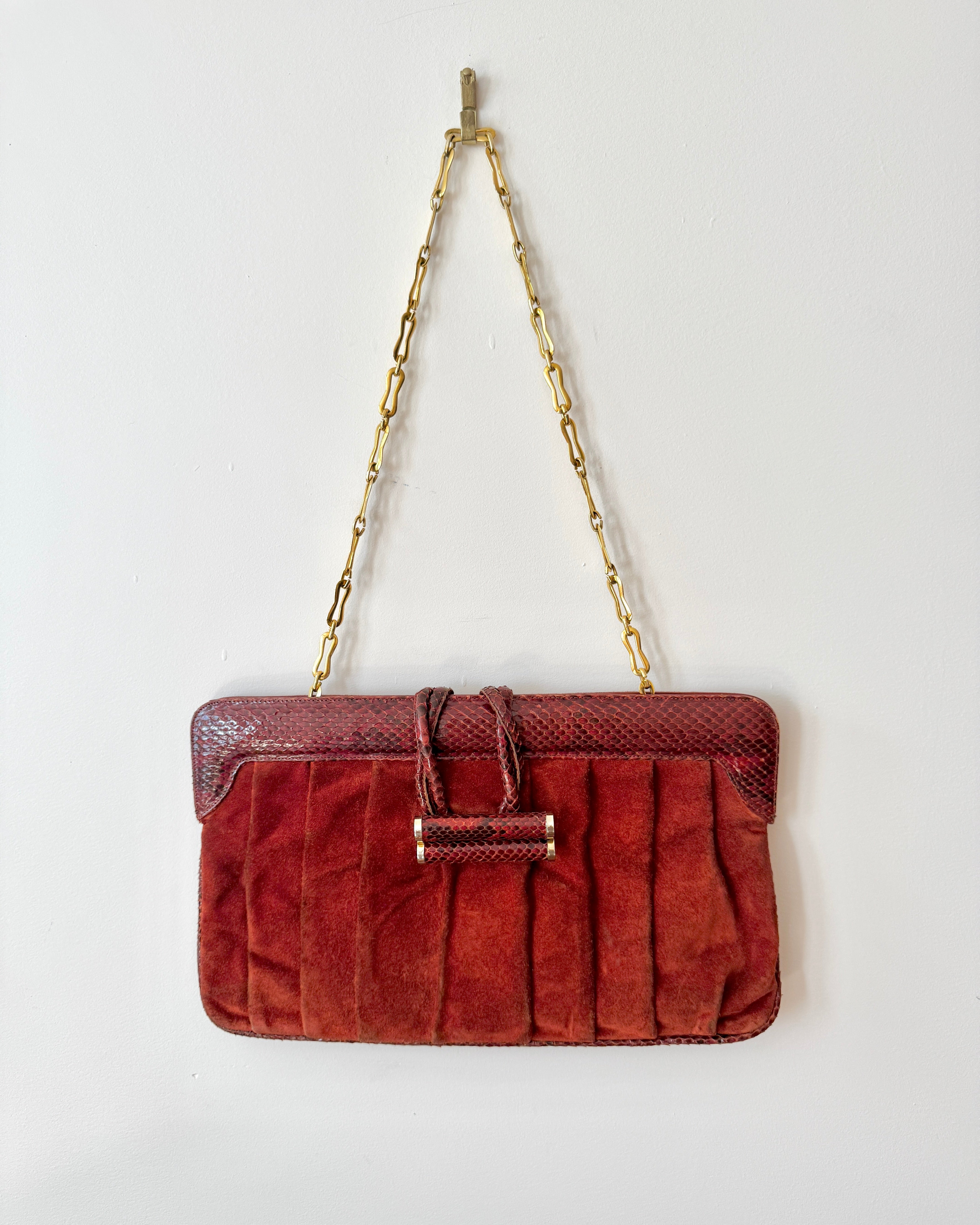Vintage 1970s BELLIDO for Susan Gail Dark Red Suede Pleated Shoulder Bag with Snakeskin Trim and Gold Tone Chain Link Strap