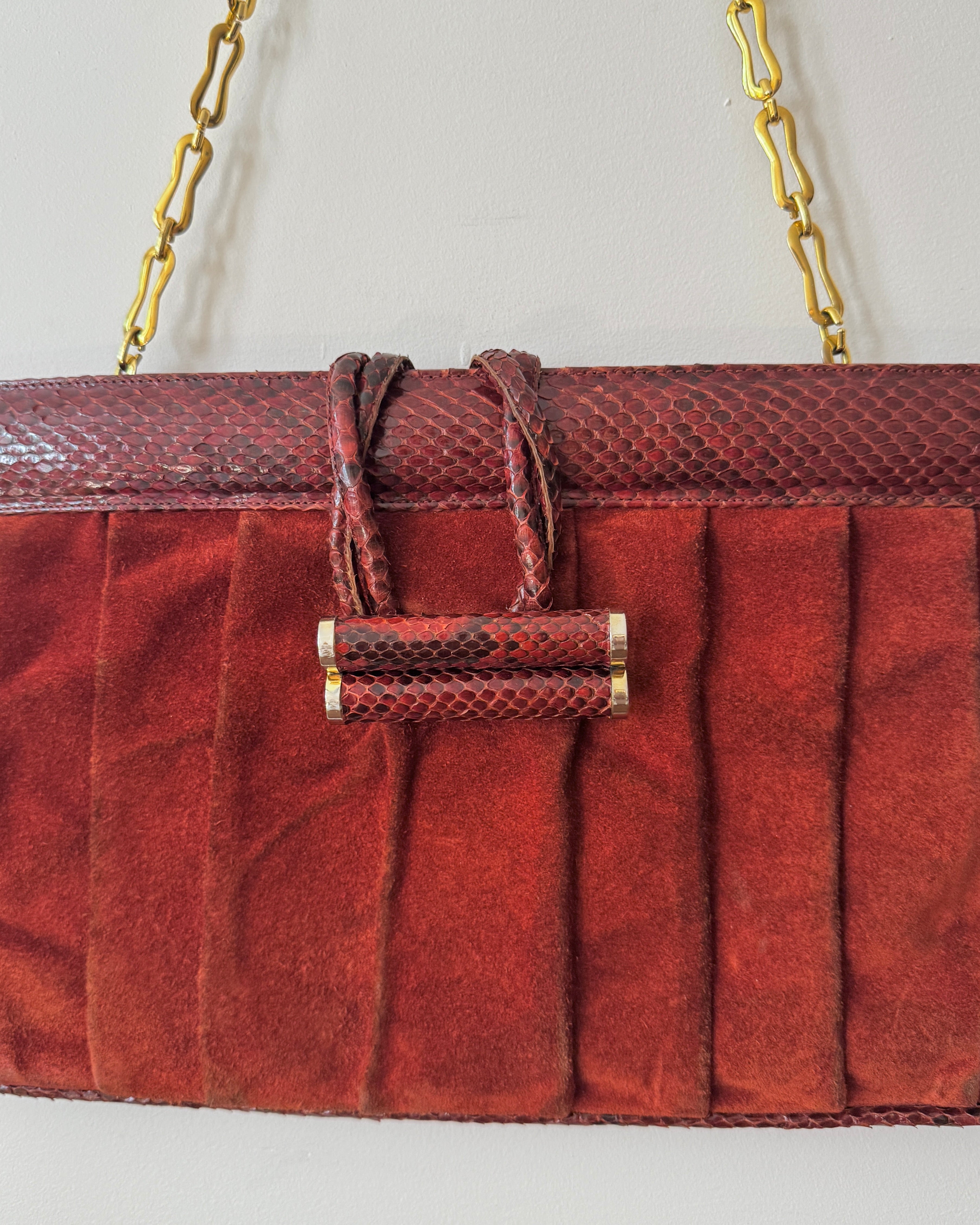 Vintage 1970s BELLIDO for Susan Gail Dark Red Suede Pleated Shoulder Bag with Snakeskin Trim and Gold Tone Chain Link Strap