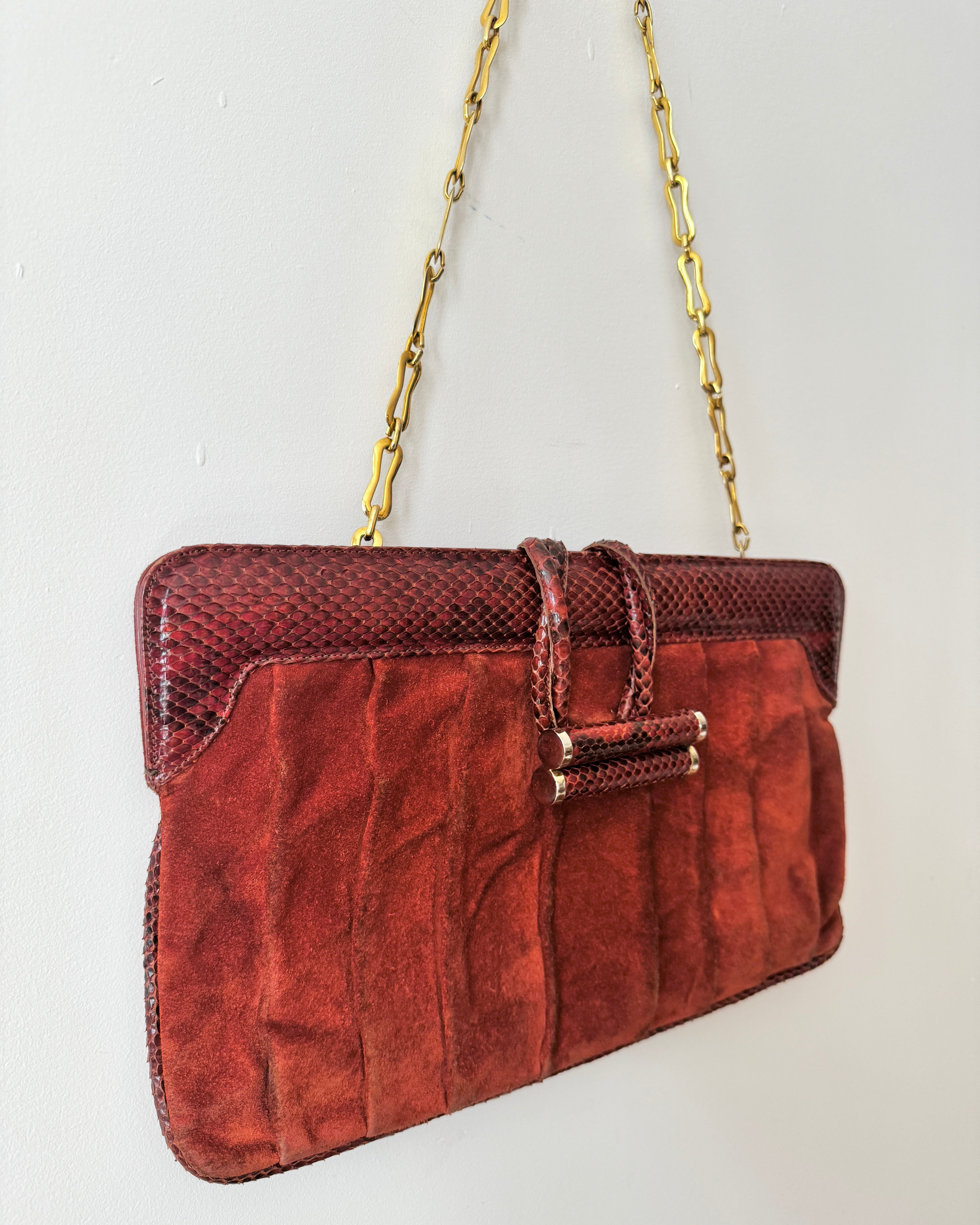 Vintage 1970s BELLIDO for Susan Gail Dark Red Suede Pleated Shoulder Bag with Snakeskin Trim and Gold Tone Chain Link Strap