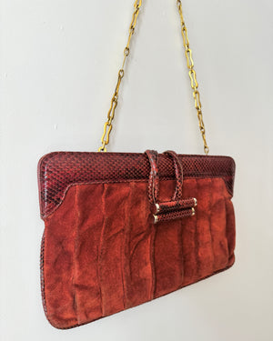 Vintage 1970s BELLIDO for Susan Gail Dark Red Suede Pleated Shoulder Bag with Snakeskin Trim and Gold Tone Chain Link Strap