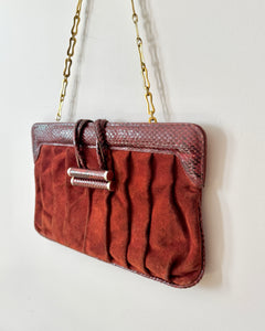 Vintage 1970s BELLIDO for Susan Gail Dark Red Suede Pleated Shoulder Bag with Snakeskin Trim and Gold Tone Chain Link Strap