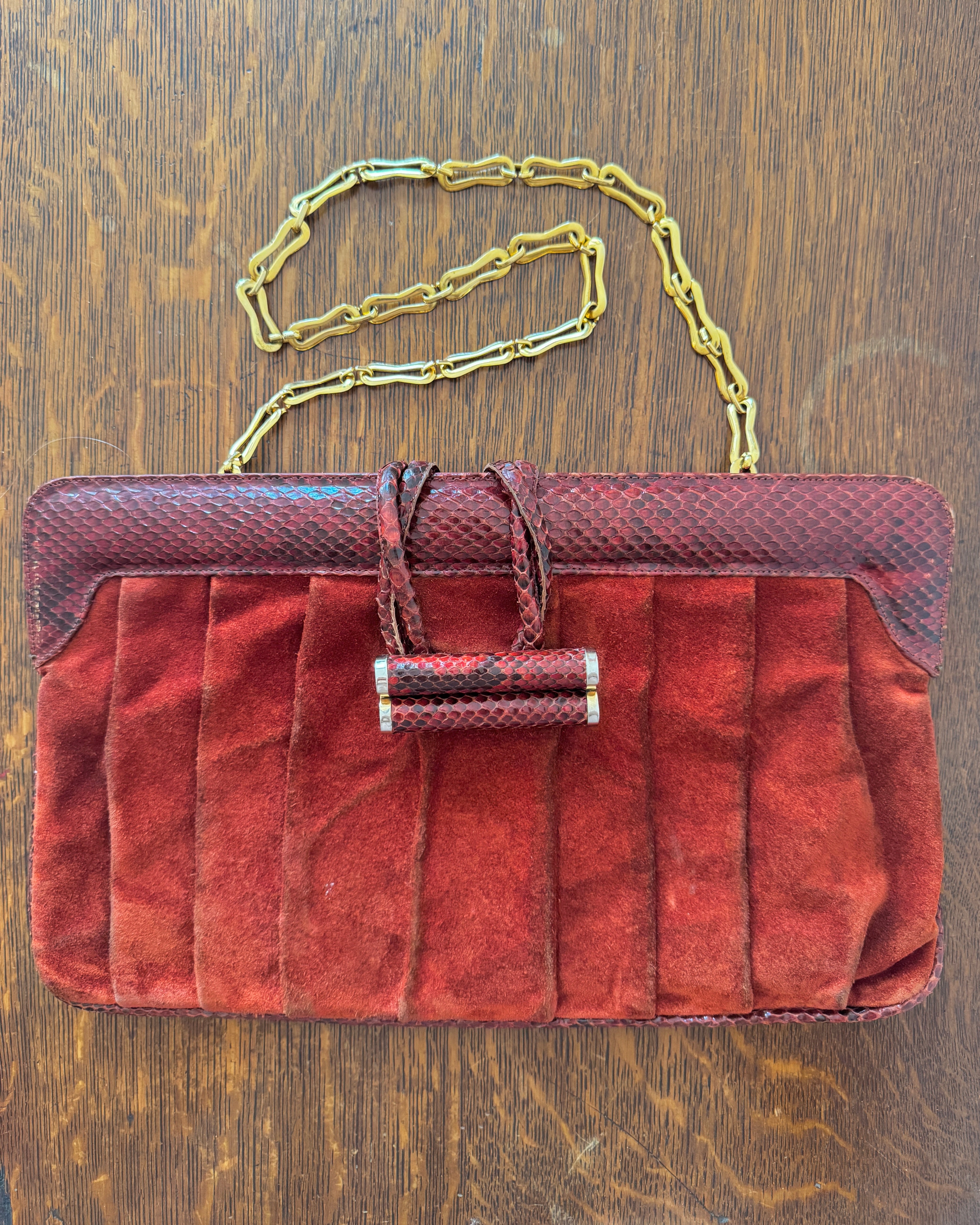 Vintage 1970s BELLIDO for Susan Gail Dark Red Suede Pleated Shoulder Bag with Snakeskin Trim and Gold Tone Chain Link Strap