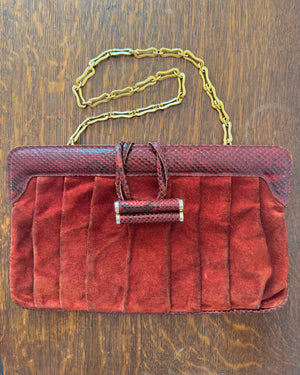 Vintage 1970s BELLIDO for Susan Gail Dark Red Suede Pleated Shoulder Bag with Snakeskin Trim and Gold Tone Chain Link Strap