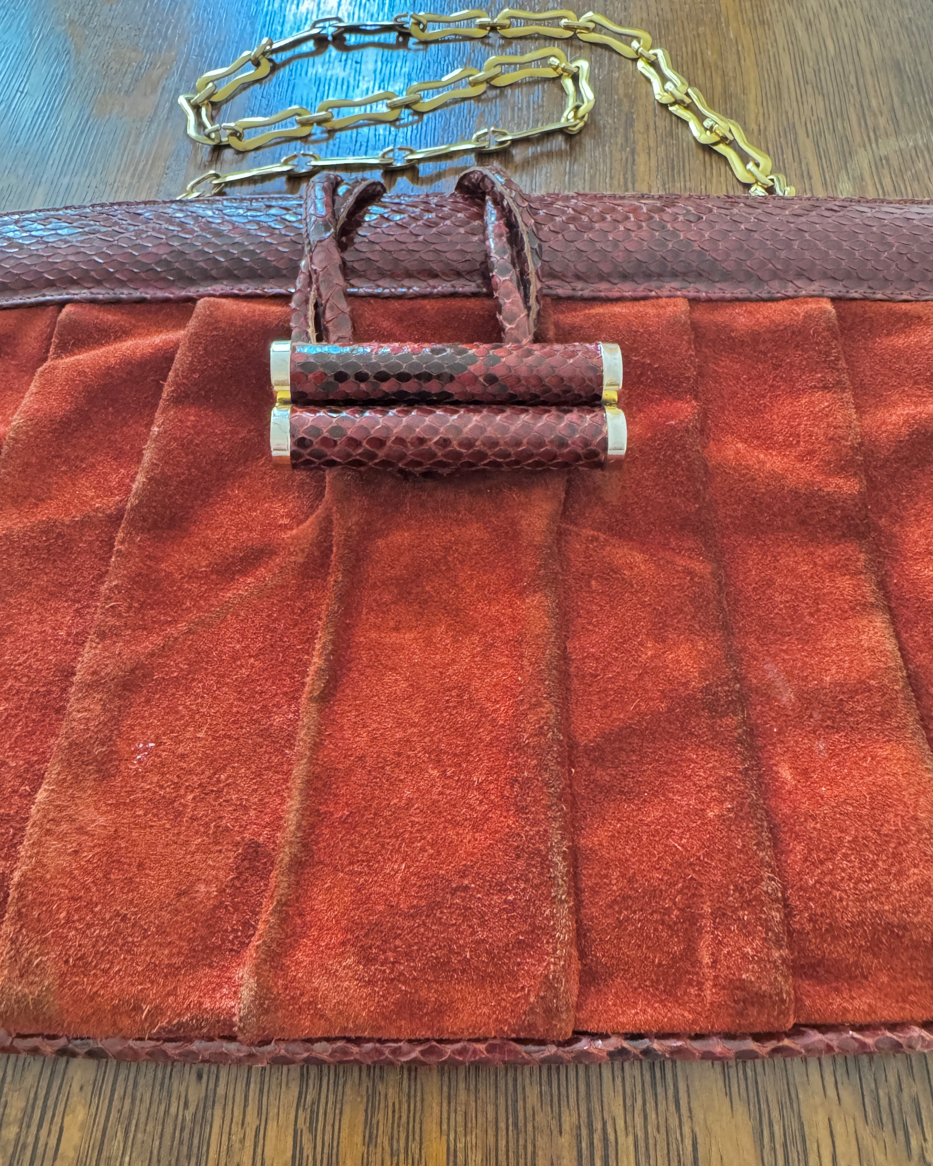 Vintage 1970s BELLIDO for Susan Gail Dark Red Suede Pleated Shoulder Bag with Snakeskin Trim and Gold Tone Chain Link Strap
