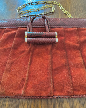 Vintage 1970s BELLIDO for Susan Gail Dark Red Suede Pleated Shoulder Bag with Snakeskin Trim and Gold Tone Chain Link Strap