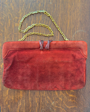 Vintage 1970s BELLIDO for Susan Gail Dark Red Suede Pleated Shoulder Bag with Snakeskin Trim and Gold Tone Chain Link Strap