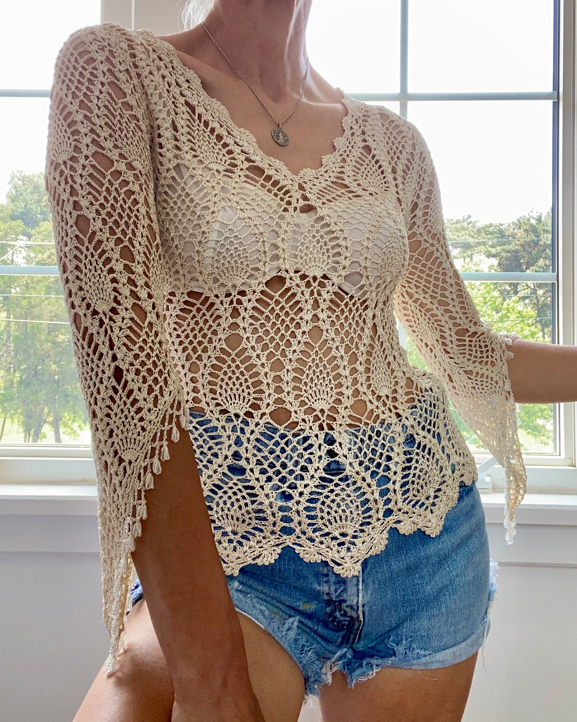 VINTAGE Tan Crochet Beaded Top