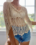 VINTAGE Tan Crochet Beaded Top