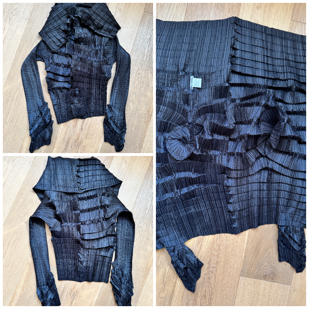 Vintage Late 1990s  ISSEY MIYAKE Black Architectural Pleated Blouse Shirt Cardigan with Buttons and Wide Collar Size 3