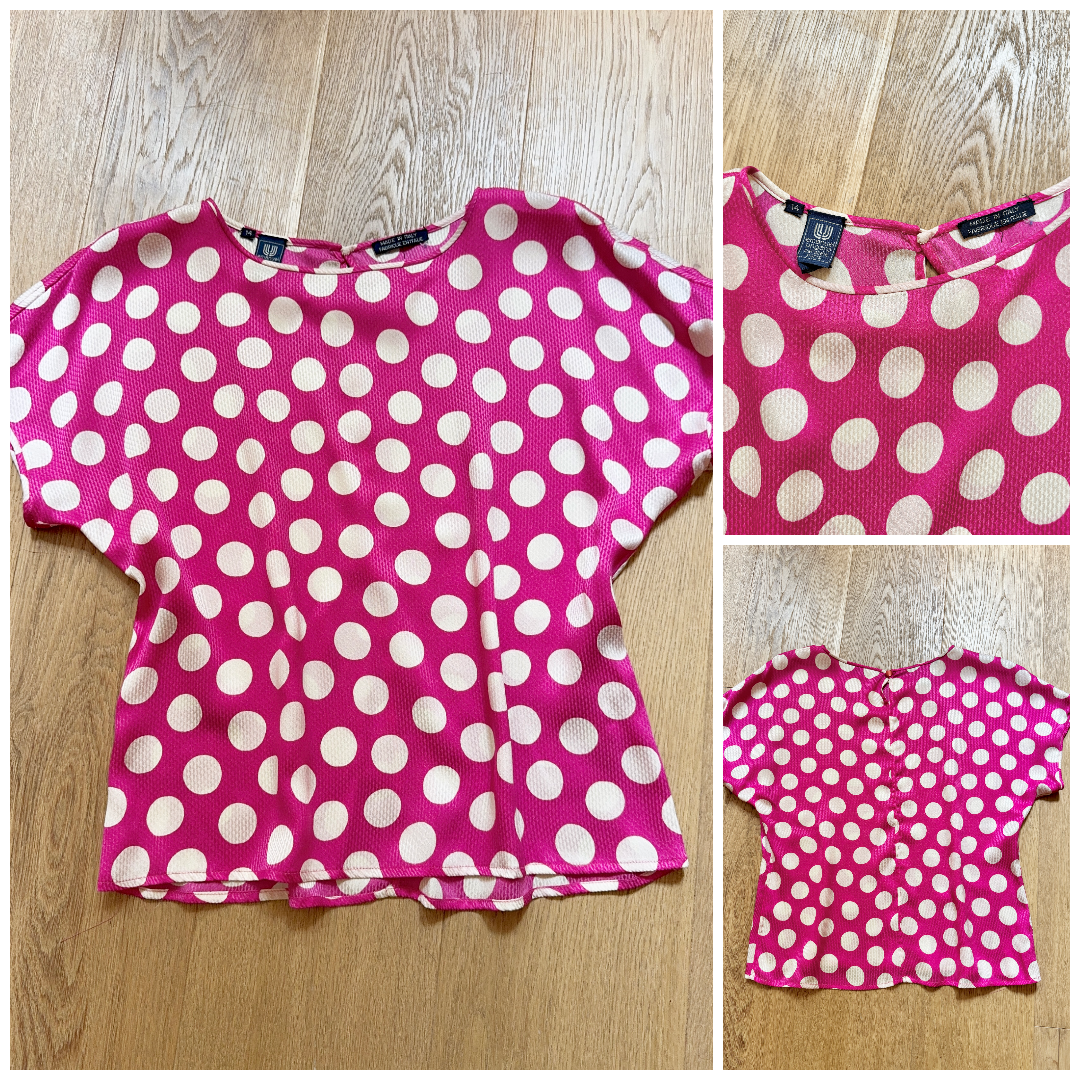 Vintage 1980s PARALLELE by EMANUEL UNGARO 100% Silk Hot Pink and Ivory Polka Dot Short Sleeve Blouse Size M or L