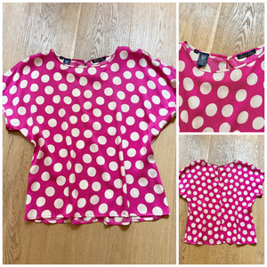 Vintage 1980s PARALLELE by EMANUEL UNGARO 100% Silk Hot Pink and Ivory Polka Dot Short Sleeve Blouse Size M or L
