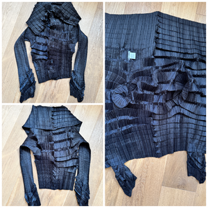 Vintage Late 1990s  ISSEY MIYAKE Black Architectural Pleated Blouse Shirt Cardigan with Buttons and Wide Collar Size 3