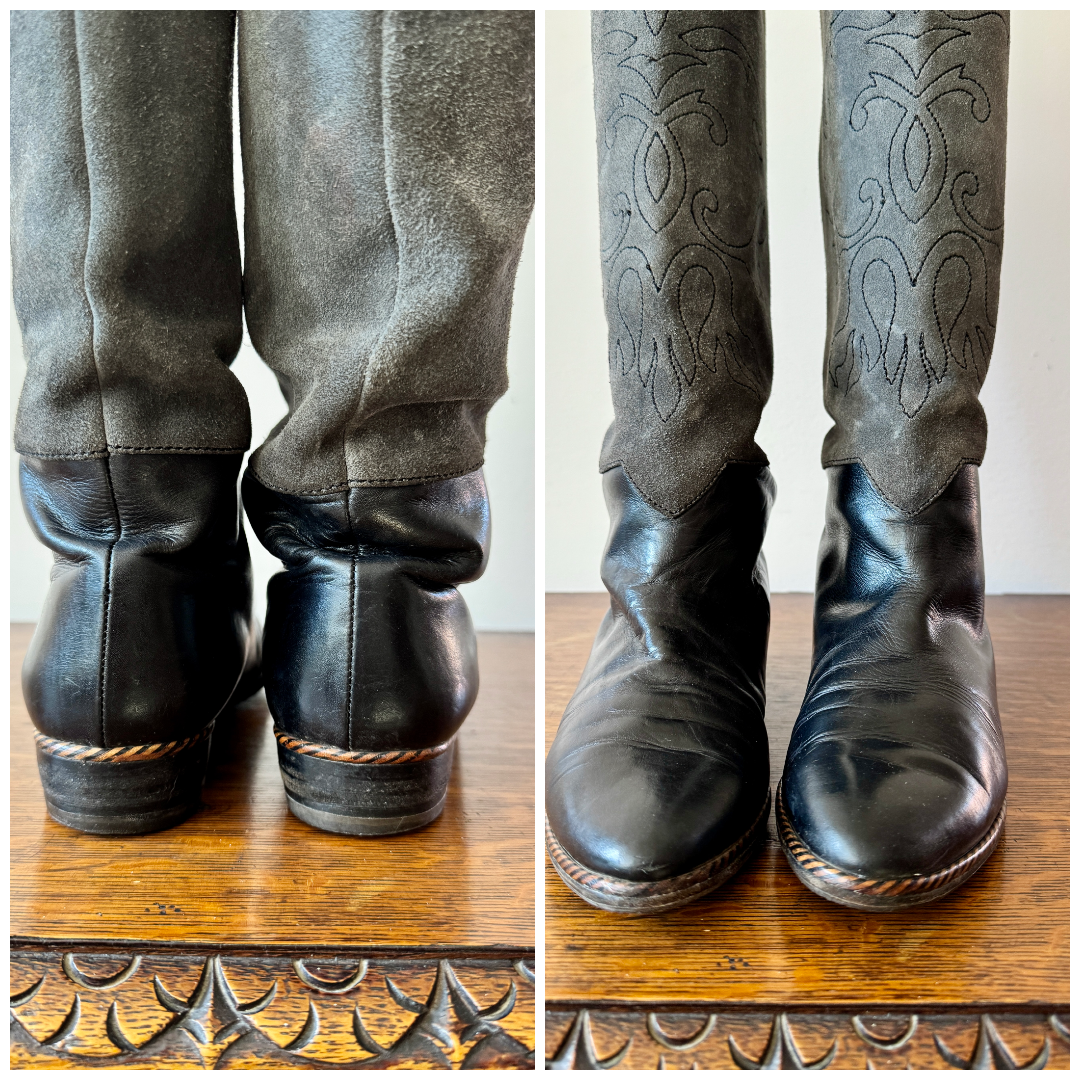 Vintage 1980s YSL Yves Saint Laurent Black and Grey Tall Flat Boots With Western Embroidery Details Size 8.5