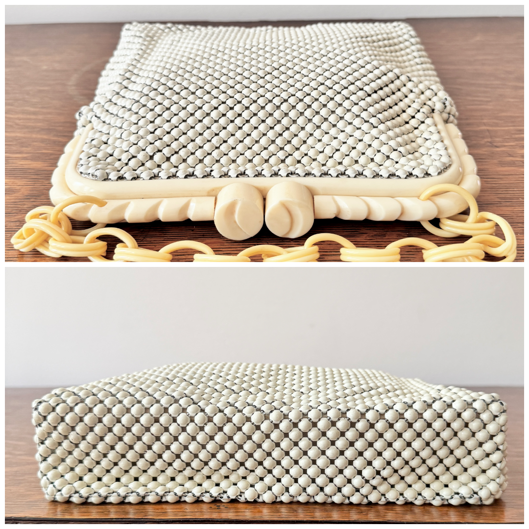 Vintage 1940s Whiting and Davis Cream Metal Mesh With Bakelite Clasp and Chain Handle Strap Handle Bag Made in USA
