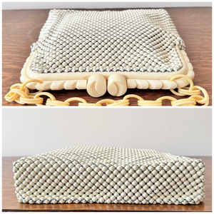 Vintage 1940s Whiting and Davis Cream Metal Mesh With Bakelite Clasp and Chain Handle Strap Handle Bag Made in USA