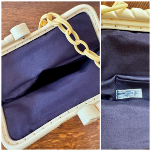Vintage 1940s Whiting and Davis Cream Metal Mesh With Bakelite Clasp and Chain Handle Strap Handle Bag Made in USA