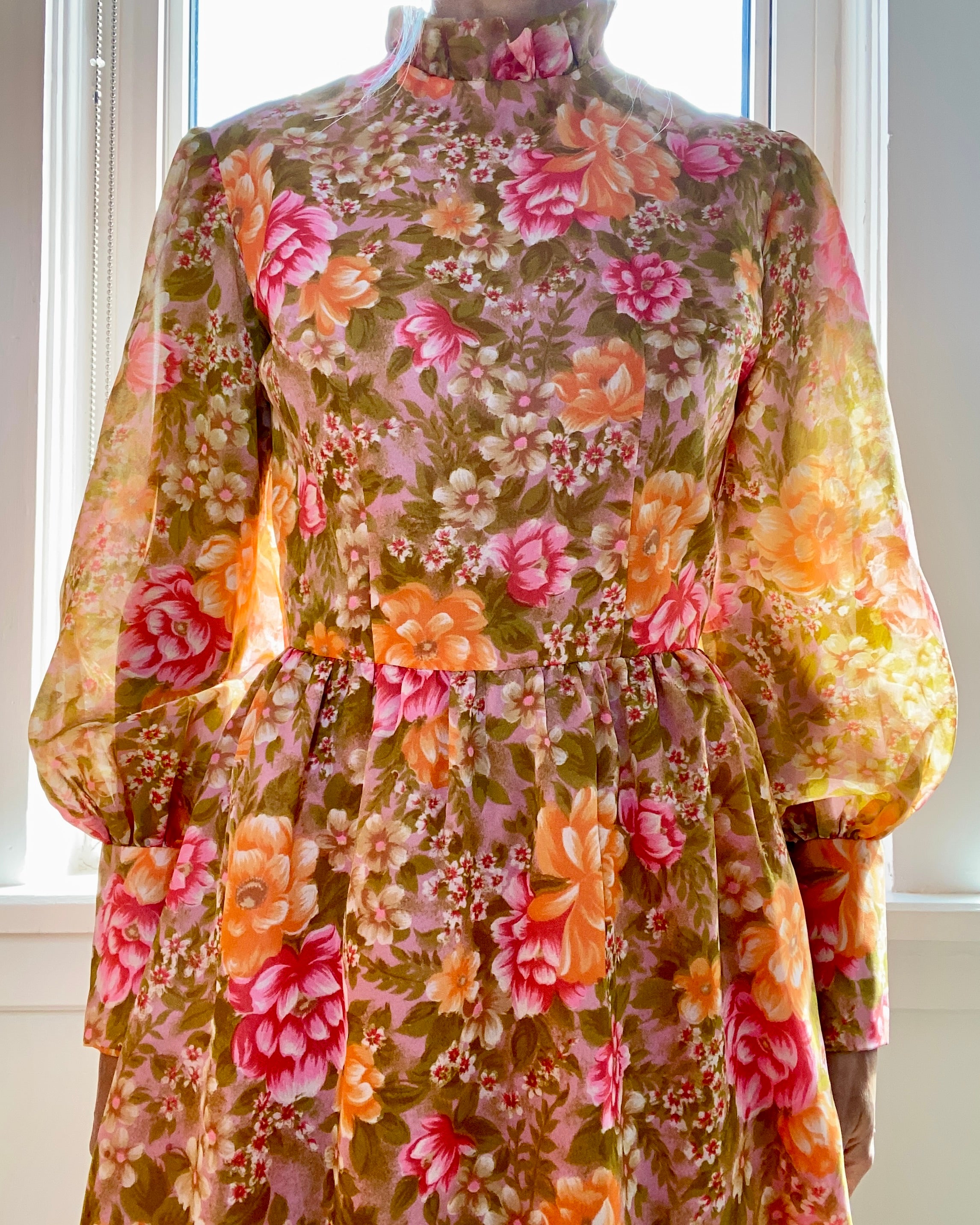 Vintage 1960s Floral Organza Puff Sleeve Sleeves M