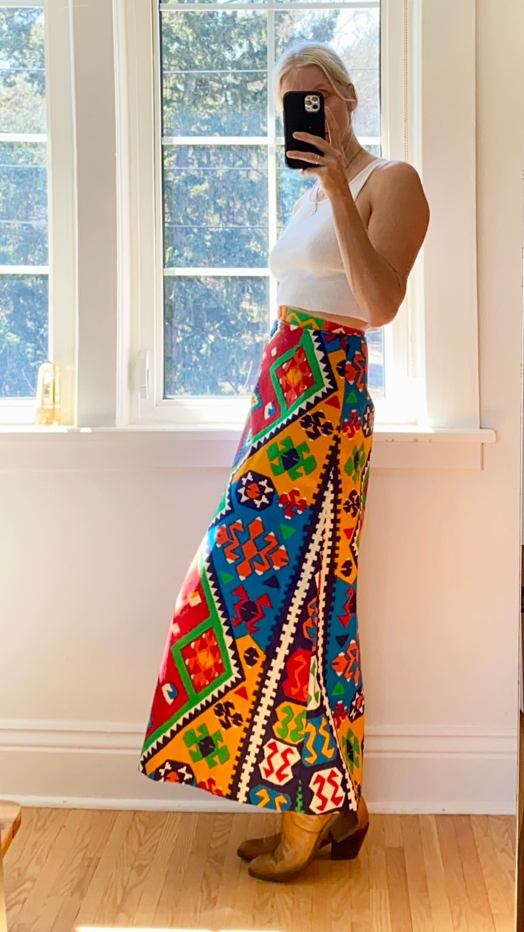 Vintage 1960s Cotton Aline Geometric Print Maxi Skirt S
