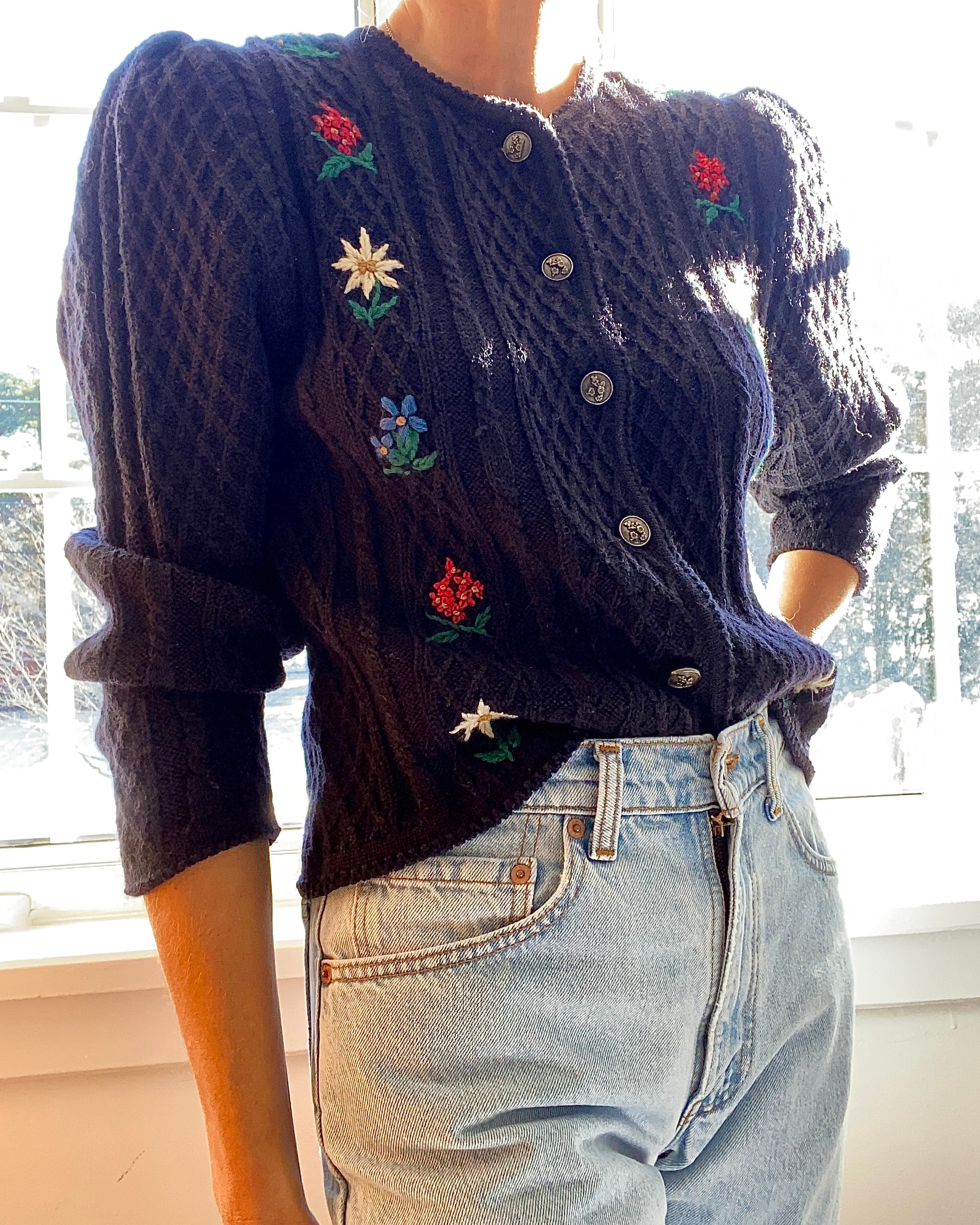 Vintage Tyrolean Folk Handknit Embroidered Wool Cardigan