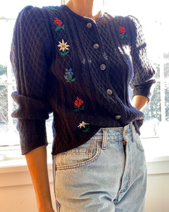 Vintage Tyrolean Folk Handknit Embroidered Wool Cardigan