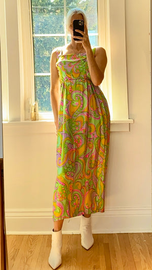 Vintage 1960s Babydoll Silk Paisley Dress XS