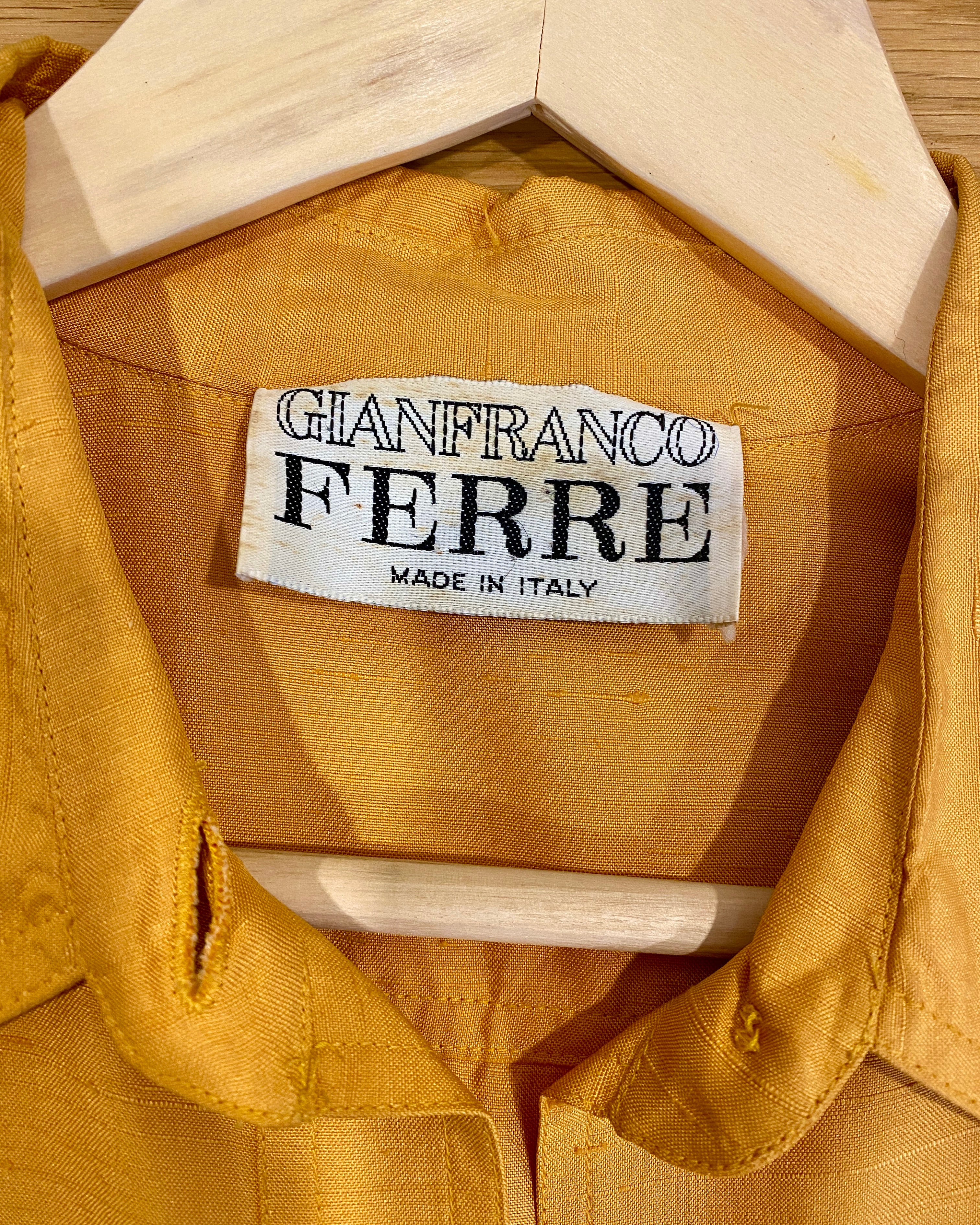 Vintage 1980s GIANFRANCO FERRE Ocre Silk Corset Shirt Dress 42 6 8