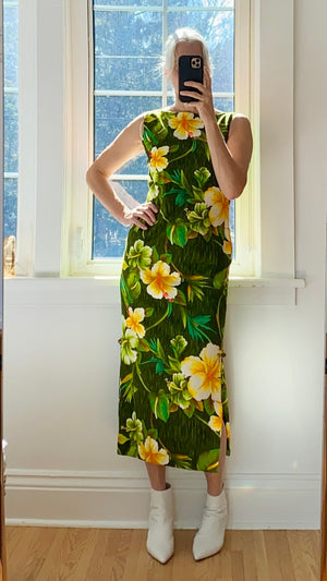 VINTAGE 1970s ROYAL Hawaiian Cotton Barkcloth Green and Yellow Hibiscus Maxi Dress SM
