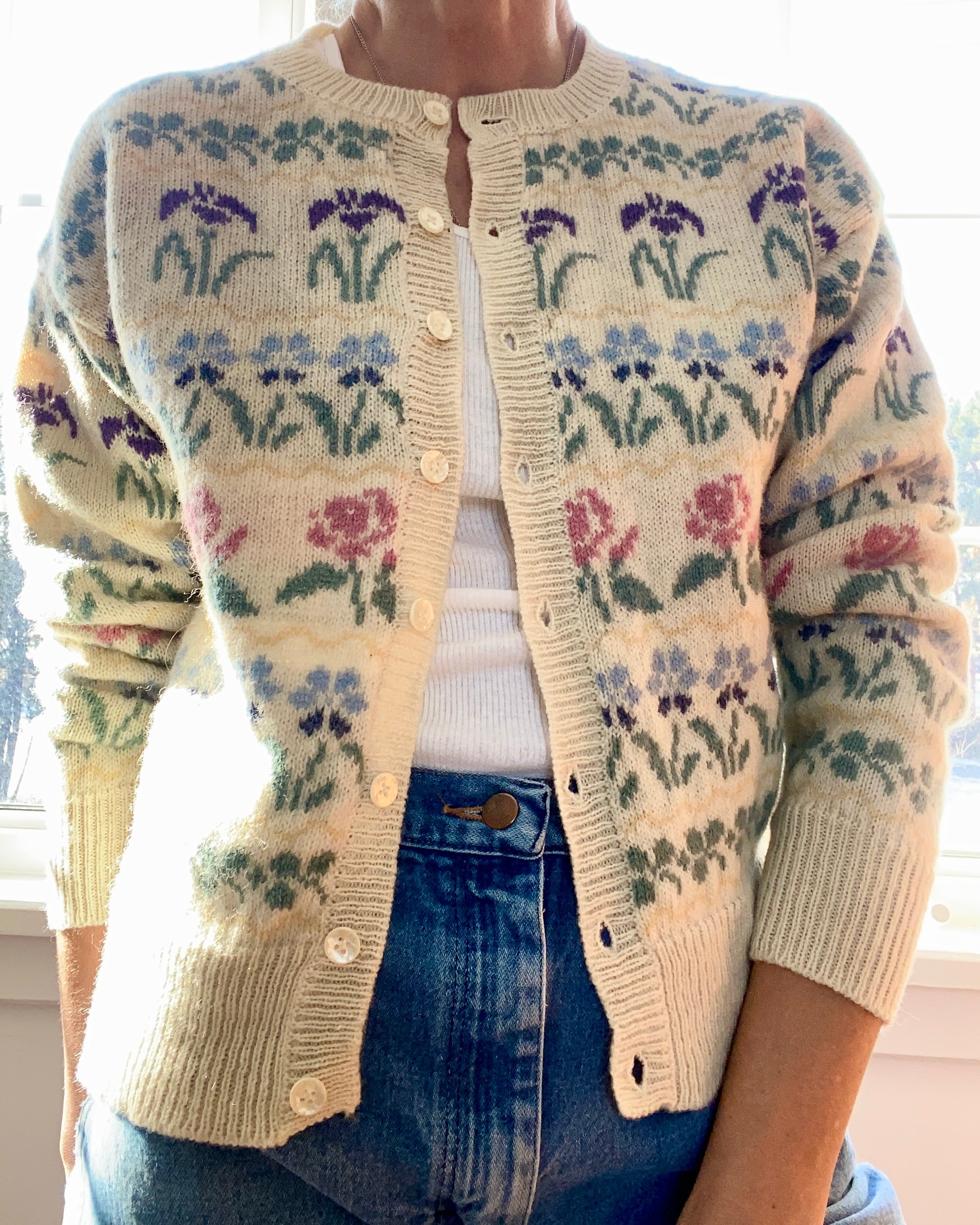 VINTAGE LLBEAN Floral Wool Cardigan Sweater M