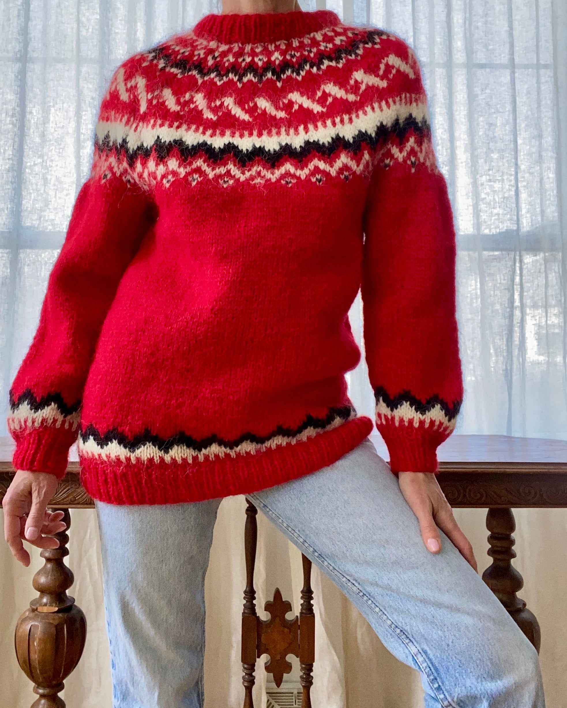 Vintage Icelandic Lopi Fair Isle Red Sweater M L