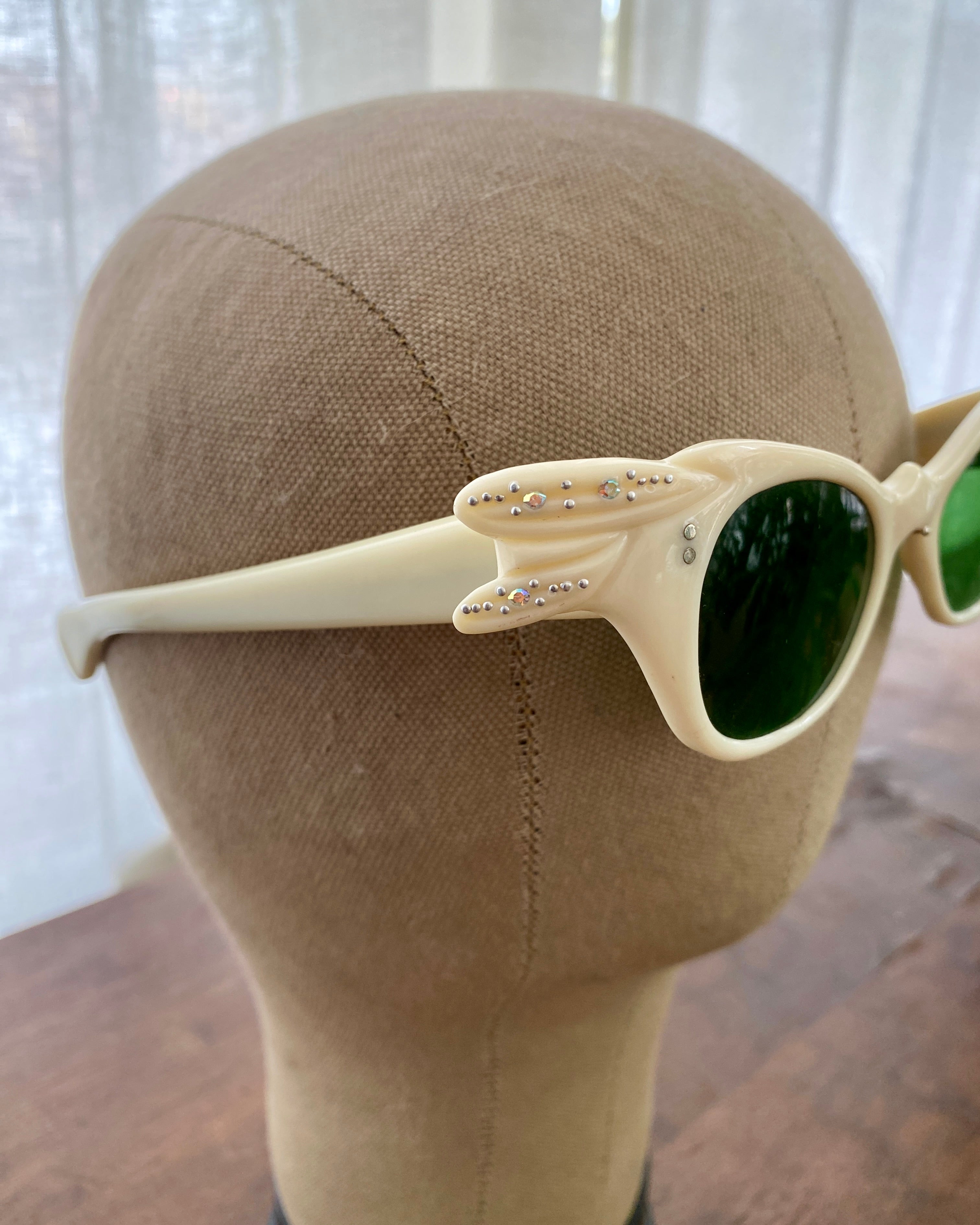 Vintage 1950s Italian Bone Color Lucite with Rhinestones Cat Eye Sunglasses Deadstock with Tags