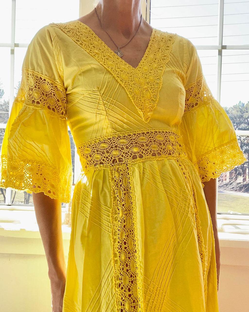 VINTAGE 1970s Yellow Cotton Lace Mexican Wedding Maxi Dress